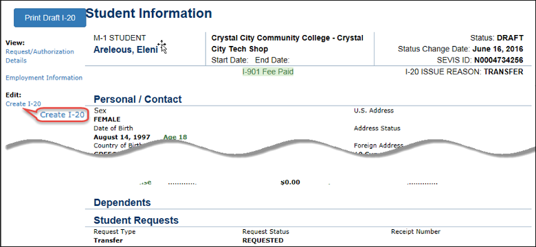 SEVIS Screenshot Creating an M-1 Transfer Request