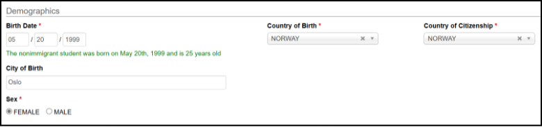 SEVIS Screenshot Demographics Section 