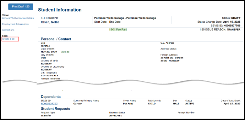 SEVIS Screenshot Create Certificate of Transfer Eligibility F1