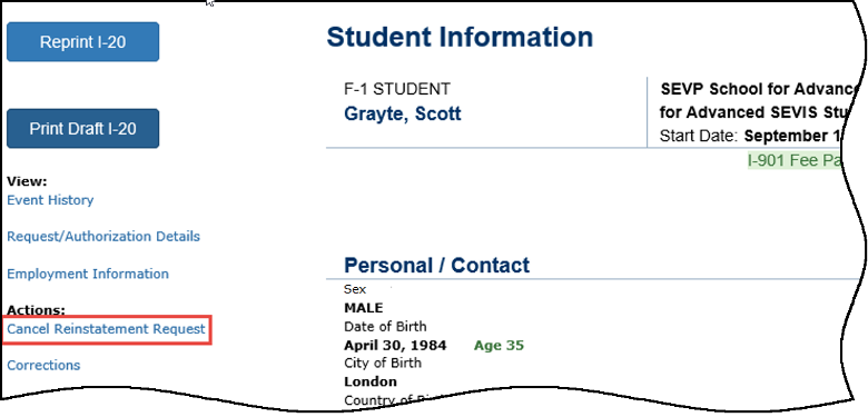 Reinstatement COE Student Information Cancel Reinstatement Request