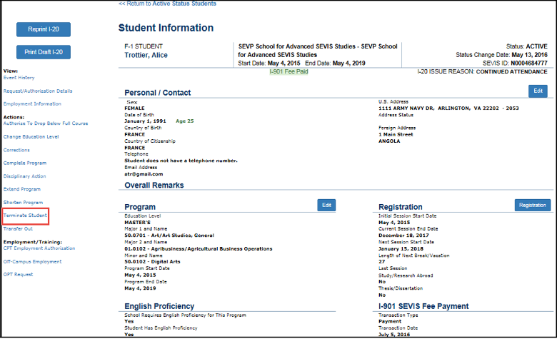 Student Information page