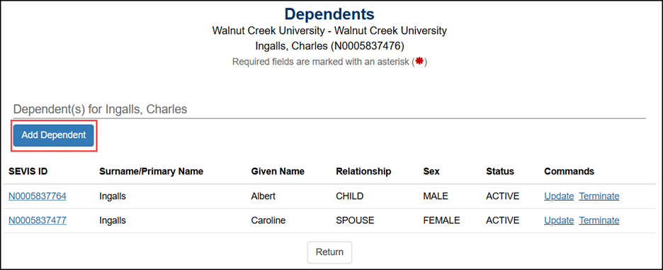 SEVIS screenshot add dependent