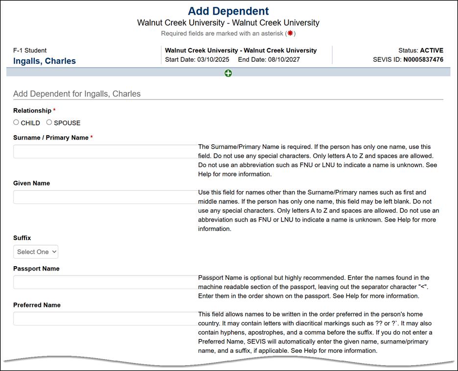 SEVIS screenshot add dependent