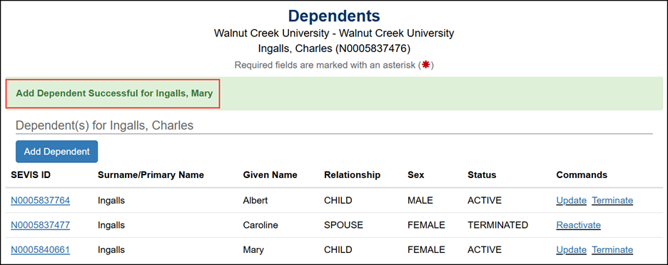 SEVIS screenshot add dependent