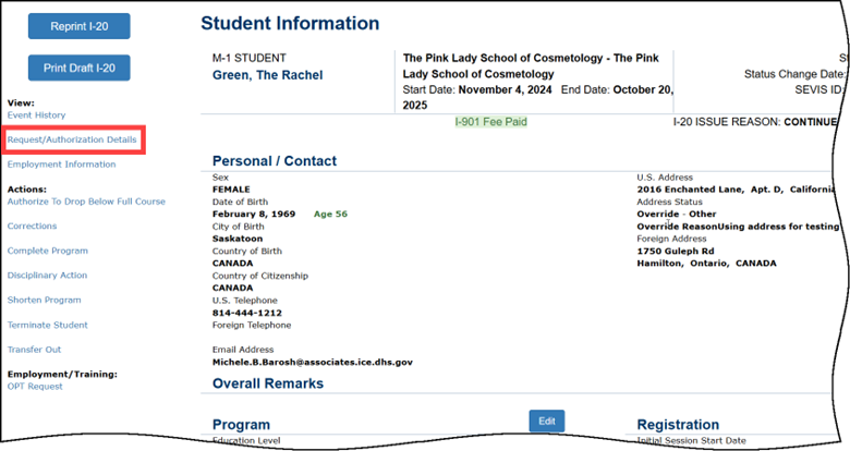 SEVIS Screenshot Manage transfer of M-1 Student