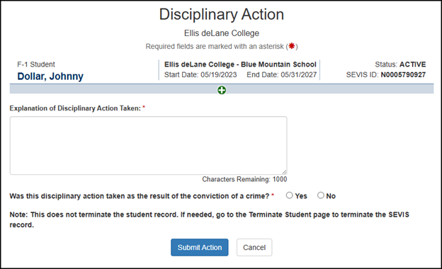 Disciplinary Action Page