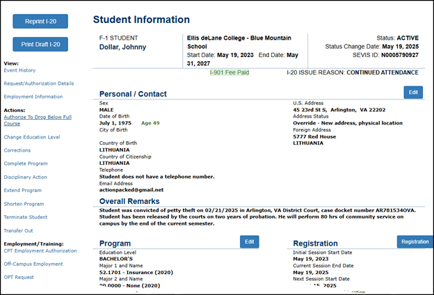 Student Information Page