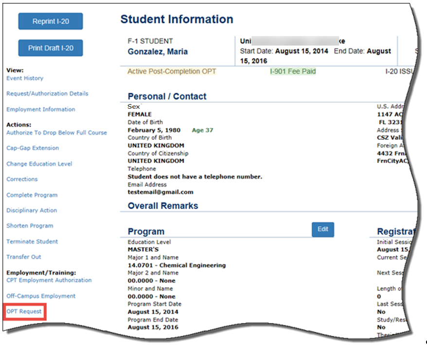 Student Information page