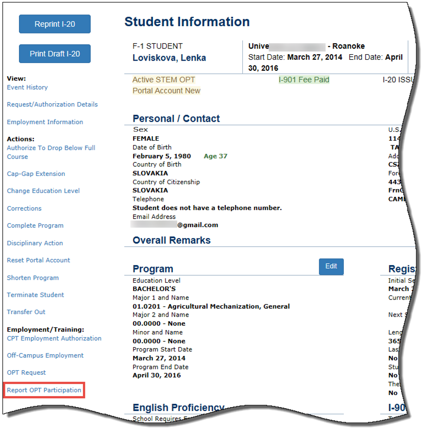 Student Information page