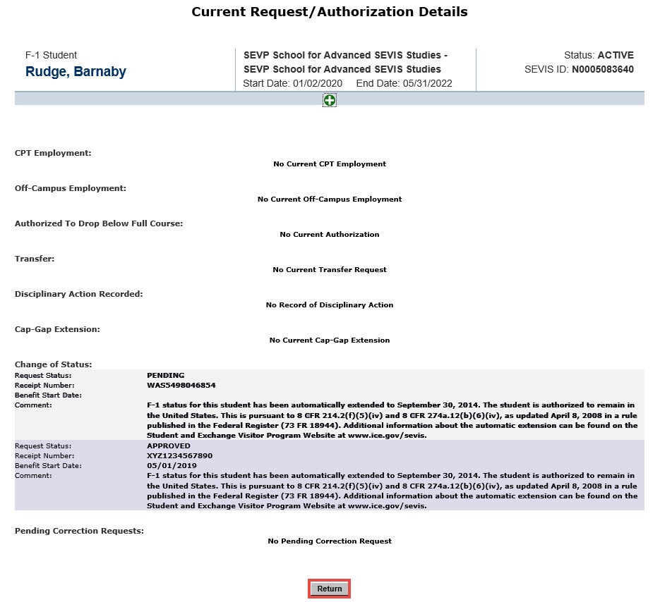 Current Request/Authorization Details page