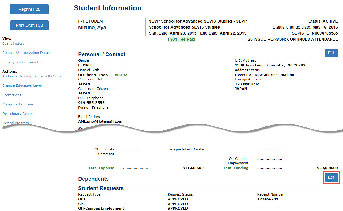 the Student Information page