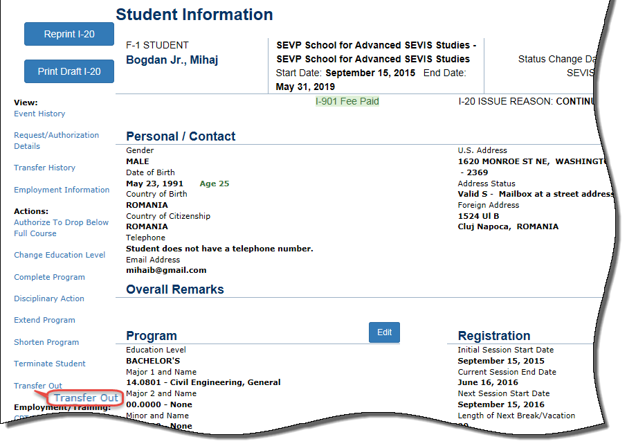 Initiate Transfer Of F 1 Sevis Record Study In The States The Student Information Page With Transfer Out Circled
