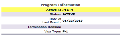Screenshot of Program Information section of the Student Information page with words “Active STEM OPT” highlighted in yellow to show that the student is in a period of Active OPT, in this case, STEM OPT.