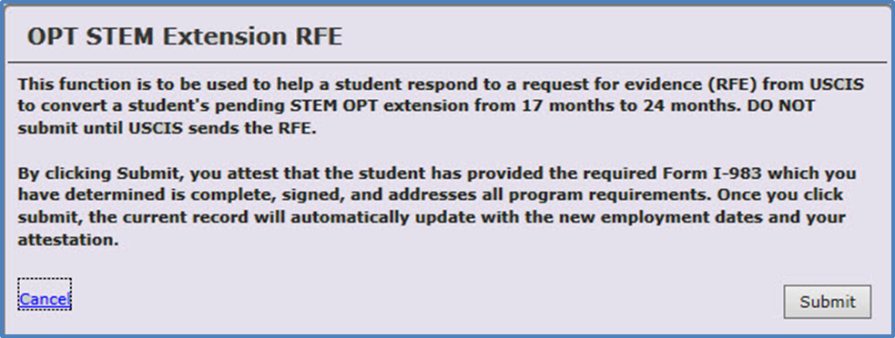 OPT STEM Extension RFE attestation window.)