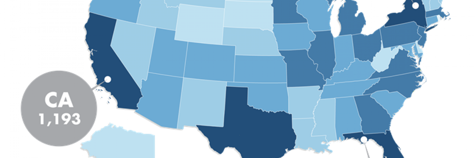 SEVIS by the Numbers shows that 1,193 international students study in California (CA), 643 study in New York (NY), and 541 study in Florida (FL).