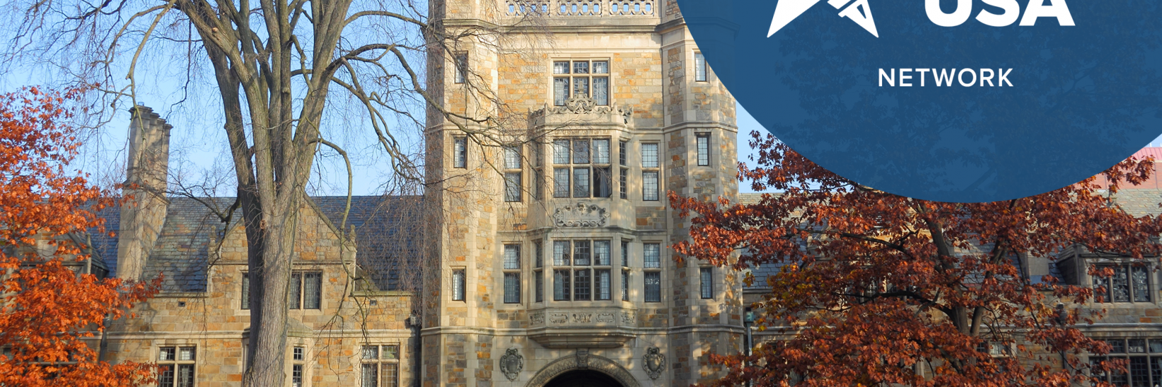 Picture of a large Gothic building on a college campus with "From the EducationUSA Network" written in the upper right hand corner.