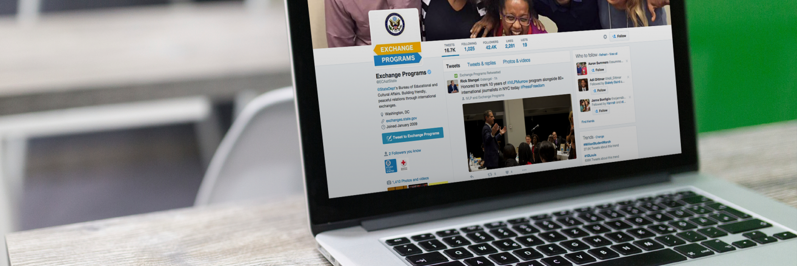 Computer screen with State Department on Twitter.