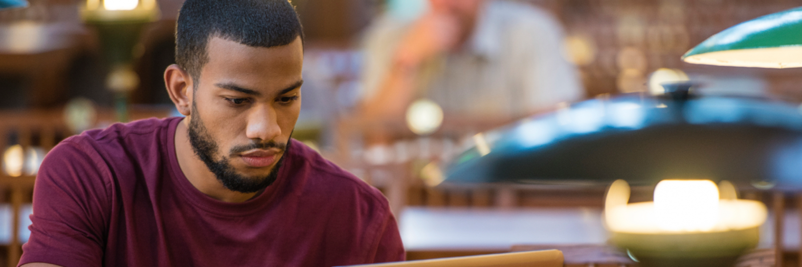 Young male looking at an open laptop computer in a library with the DHS logo in the right hand corner and text that reads, "From DHS's Office of Academic Engagement"