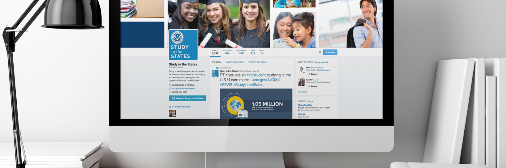 Desktop computer with Study in the States twitter page on the screen.