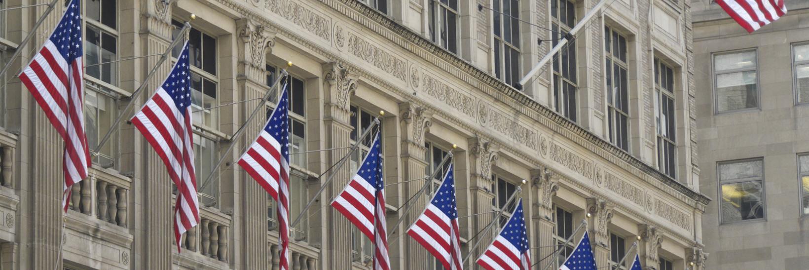 Building with American flags.