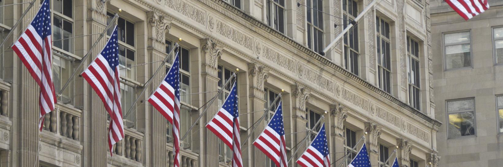 American flags on building. 