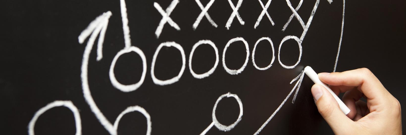Sports strategy drawn in X's and O's on a chalkboard. 