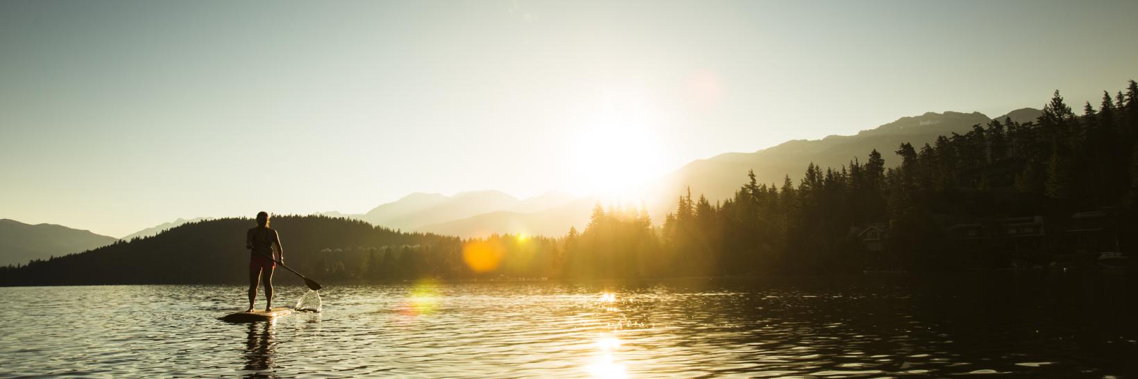 Stand-up paddle boarding on a lake. 