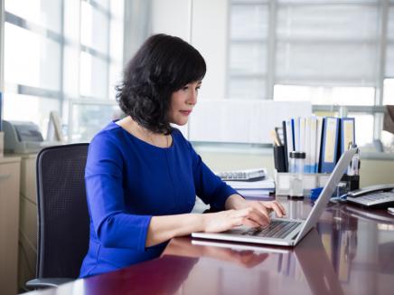 A school official sits at her desk and submits Form I-17 evidence using her computer