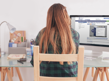 Girl sitting at a desk, facing a computer screen 