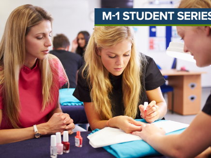 Teacher training a nail technician.  