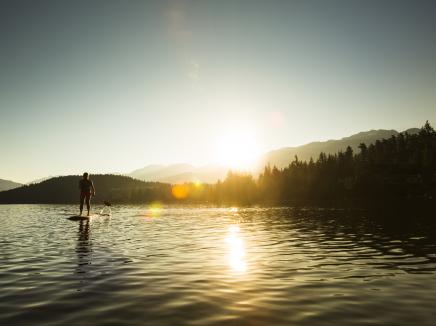 Stand-up paddle boarding on a lake. 